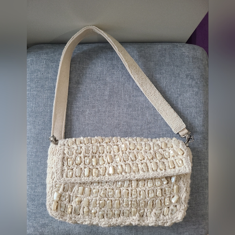 Viral Cream Woven Freshwater Pearl Beaded Shoulder Bag